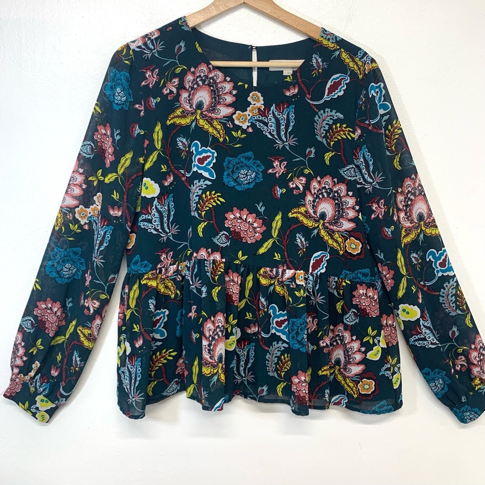 Loft Blouse Top Woman Small Floral Ruffle Boxy Long Sleeve Tropical Cottagecore
